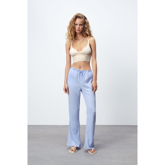 Zara Pants - Zara Sky Blue Textured Straight Leg Elastic Waist Pants L